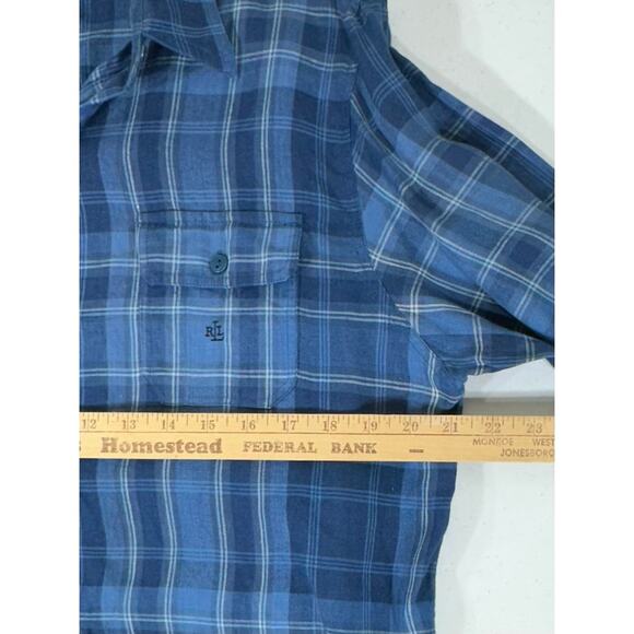 Lauren Ralph Lauren LRL Button Up Shirt Large Linen Blue Plaid Linen Roll Tab - Picture 10 of 10